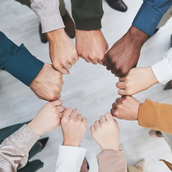 Hands, fist bump and team, support with solidarity and business people with top view and community. Synergy, cooperation and huddle, collaboration and corporate group with trust, meeting and mission.
